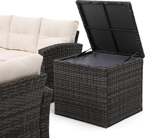 Set mobilier de grădină din ratan AVENBERG MONOPOLI cu vatră de foc pe gaz integrată și două lăzi de depozitare