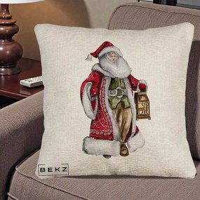 Perna Decorativa Mos Craciun Vintage cu Felinar, 40x40 cm, Bej Canapea, Husa Detasabila, Perna Inclusa, BEKZ®
