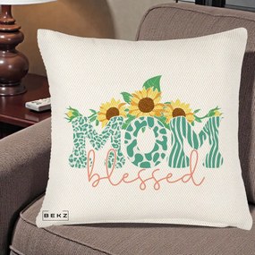 Cadou pentru Mama - Perna Personalizata Mom Blessed cu Floarea Soarelui Animal Print Teal, 40x40 cm, Crem Reliefat, Husa Detasabila, Perna Inclusa, BEKZ®