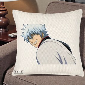 Perna Personalizata Gintama Gintoki Portret cu Zambet, 40x40 cm, Crem Reliefat, Husa Detasabila, Perna Inclusa, BEKZ®