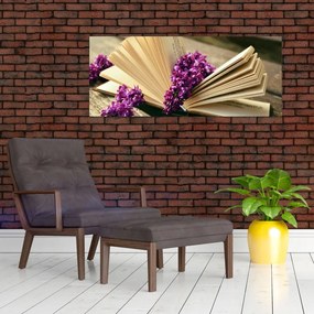 Tablou cu carte și floare violetă (120x50 cm)