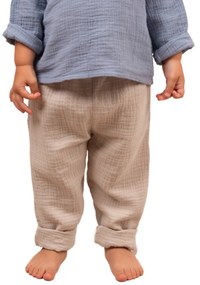 Pantaloni lungi pentru copii din muselina dubla Kidizi Noah natur 1-2 ani, model ajustabil
