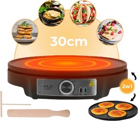 Aparat pentru clătite Adler AD 3093, 1600W, 30 cm, Ustensile incluse, Negru/Inox
