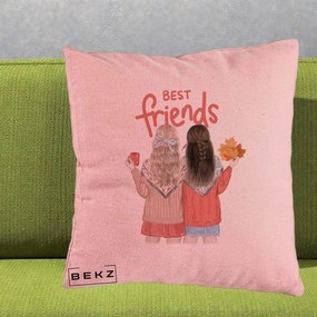 Cadou pentru Prieteni - Perna Personalizata Best Friends Toamna, 40x40 cm, Roz, Husa Detasabila, Perna Inclusa, BEKZ®