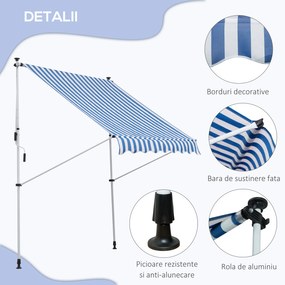 Outsunny Copertină Roll-Up pentru Exterior cu Manivelă, Cadru Telescopic și Unghi Reglabil, Albastru și Alb, 200x150cm | Aosom Romania