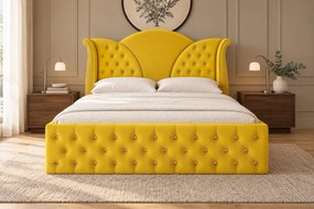 Pat tapițat Chesterfield din catifea Velora Deluxe 160×200 cm, galben muștar, cu ladă de depozitare