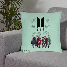 Perna Personalizata K-pop BTS Semnaturi Foto, 40x40 cm, Verde Menta, Husa Detasabila, Perna Inclusa, BEKZ®