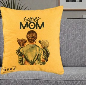 Cadou pentru Mama - Perna Personalizata Super Mom, 40x40 cm, Galben, Husa Detasabila, Perna Inclusa, BEKZ®