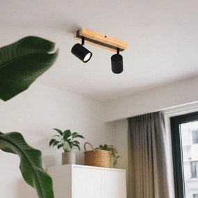 Plafoniera neagra cu lemn, 2 lumini reglabile, dreptunghiulara - Jeana