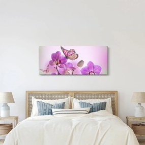 Tablou - Fluture pe flori de orhidee, liliac (120x50 cm)