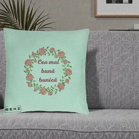 Cadou pentru Bunica - Perna Personalizata Cea Mai Buna Bunica Coronita Trandafiri Roz Clasic, 40x40 cm, Verde Menta, Husa Detasabila, Perna Inclusa, BEKZ®