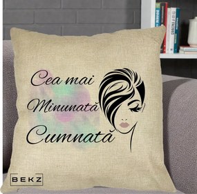 Cadou pentru Cumnata - Perna Personalizata Cea mai Minunata Cumnata cu Silueta Dama si Pete Multicolor, 40x40 cm, Crem, Husa Detasabila, Perna Inclusa, BEKZ®