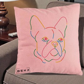 Perna Decorativa Bulldog Francez Line Art Curcubeu, 40x40 cm, Roz, Husa Detasabila, Perna Inclusa, BEKZ®
