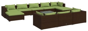 Set mobilier de gradina cu perne, 11 piese, maro, poliratan maro si verde, 4x colt + 4x mijloc + 2x suport pentru picioare + masa, 1