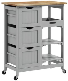 HOMCOM Carucior Auxiliar cu Roti Carucior de Bucatarie cu 3 Sertare 2 Rafturi Deschise si Tava Detasabila 67x37x85,5 cm Gri | Aosom Romania