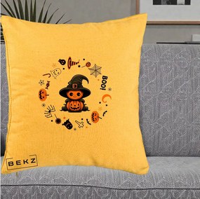 Perna Decorativa Halloween Dovleac Vrajitor Boo cu Simboluri, 40x40 cm, Galben, Husa Detasabila, Perna Inclusa, BEKZ®