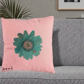 Perna Decorativa Floare Gerbera Teal Acuarela, 40x40 cm, Roz, Husa Detasabila, Perna Inclusa, BEKZ®