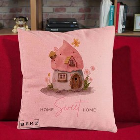 Perna Decorativa Home Sweet Home Casuta, 40x40 cm, Roz, Husa Detasabila, Perna Inclusa, BEKZ®