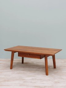 Măsuță de cafea dreptunghiulară din lemn de acacia, maro, cu sertar și picioare înclinate, finisaj satinat, 45 x 120 x 65 cm, „District”