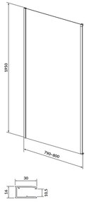 Perete lateral fix 80x195 cm Cersanit Larga profil negru 800x1950 mm, Negru mat