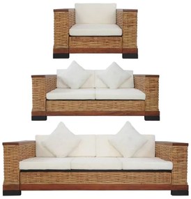 VidaXL Set canapele cu perne, 3 piese, maro, ratan natural