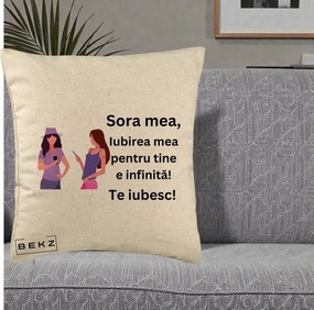 Cadou pentru Sora - Perna Personalizata Sora Mea Te Iubesc Doua Fete cu Telefoane, 40x40 cm, Bej, Husa Detasabila, Perna Inclusa, BEKZ®