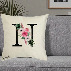 Cadou Personalizat - Perna Personalizata Monograma Florala Litera N, 40x40 cm, Ecru, Husa Detasabila, Perna Inclusa, BEKZ®