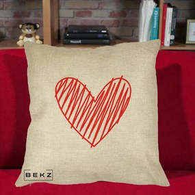 Perna Decorativa Inima Rosie Desen Manual, 40x40 cm, Crem, Husa Detasabila, Perna Inclusa, BEKZ®