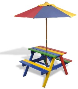 40773 vidaXL Masă de picnic pentru copii cu bănci &amp; umbrelă, lemn multicolor