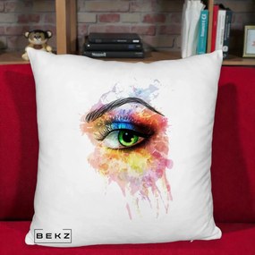 Perna Decorativa Ochi Verde Acuarela, 40x40 cm, Alb Pufos, Husa Detasabila, Perna Inclusa, BEKZ®