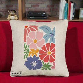Perna Decorativa Flori Grafice Roz-Rosu-Albastru, 40x40 cm, Bej Canapea, Husa Detasabila, Perna Inclusa, BEKZ®