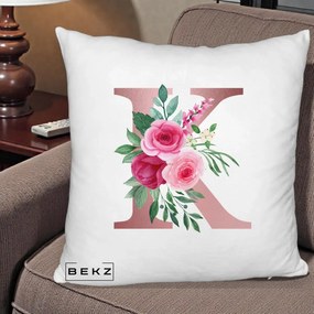 Cadou Personalizat - Perna Personalizata Monograma Rose Gold Litera K, 40x40 cm, Alb Pufos, Husa Detasabila, Perna Inclusa, BEKZ®