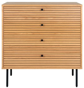 Comodă Kyoto, 4 sertare, furnir de stejar, natural, picioare din metal negru 80x40x85 cm