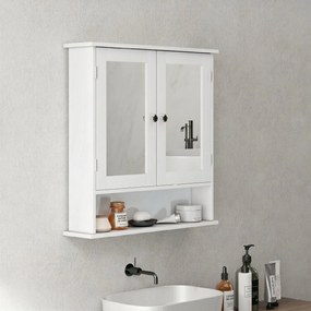kleankin Dulap Suspendat pentru Baie cu 2 Uși cu Oglindă și Raft Deschis, Raft Interior Reglabil, Mânere Metalice, 56x13x58 cm, Alb | Aosom Romania