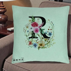 Cadou Personalizat - Perna Personalizata Monogram Litera R cu Flori Acuarela, 40x40 cm, Verde Menta, Husa Detasabila, Perna Inclusa, BEKZ®