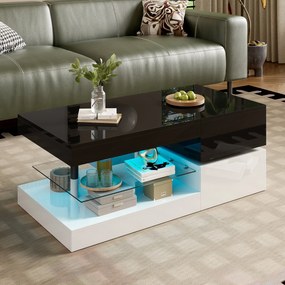 Masă de cafea cu iluminare ambientală LED, poliță din sticlă &amp; finisaj lucios, 90x45x35,5 cm, Negru+Alb