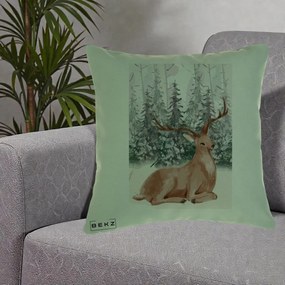 Perna Decorativa Ren in Padure Roz Moale, 40x40 cm, Verde, Husa Detasabila, Perna Inclusa, BEKZ®