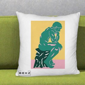 Perna Decorativa Ganditorul Sculptura Pop Art, 40x40 cm, Alb Pufos, Husa Detasabila, Perna Inclusa, BEKZ®