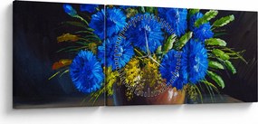 Tablou - Flori albastre în vază (cu ceas) (90x30 cm)