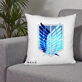 Perna Personalizata Attack on Titan Wings of Freedom, 40x40 cm, Alb Pufos, Husa Detasabila, Perna Inclusa, BEKZ®