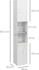 kleankin Dulap de Baie Înalt Slim 181,5 cm cu Rafturi Deschise și 2 Dulapuri, 30 x 30 x 181,5 cm, Alb | Aosom Romania
