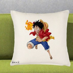 Perna Personalizata One Piece Luffy Gear Second Foc, 40x40 cm, Crem Reliefat, Husa Detasabila, Perna Inclusa, BEKZ®