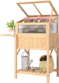 Outsunny Pat înălțat cu capotă pentru mini-seră din lemn jardinieră cu seră pliabilă masă laterală raft lemn natural | Aosom Romania