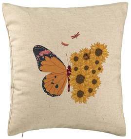 Perna Decorativa, Model SunFlower Butterfly, 40x40 cm, Bej, Husa Detasabila, Burduf