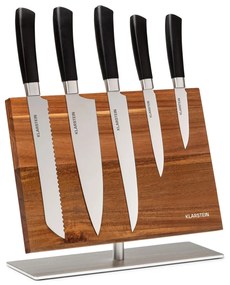 Kiru 6, set de cuțite, 5 cuțite, lame din oțel, suport din oțel inoxidabil, lemn de salcâm, magnetic