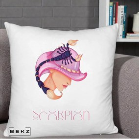 Perna Personalizata Zodiac Scorpion Cowgirl, 40x40 cm, Alb Pufos, Husa Detasabila, Perna Inclusa, BEKZ®