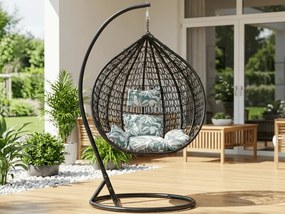 Scaun negru suspendat KOKON cu suport, perna verde-alb