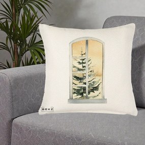Perna Decorativa Fereastra cu Brad de Iarna, 40x40 cm, Crem Reliefat, Husa Detasabila, Perna Inclusa, BEKZ®