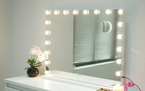 Oglindă cosmetică, sistem iluminare LED cu 3 culori, Senzor Tactil, Luminozitate Reglabilă, 18 becuri LED, Mărire de 10X, Port de încărcare USB, Alb, 80x60 cm