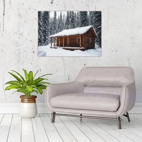 Tablou pe sticlă - Cabană acoperită de zăpadă (70x50 cm)